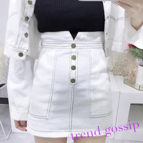 【White M即納】ステッチ入りデニムジャケット＆ハイウエストスカートセットアップ/2色展開/S～XL/2020AW