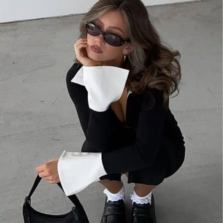 ホワイトカフスギャザーシャツタイトワンピース/S.M.L/2022AW