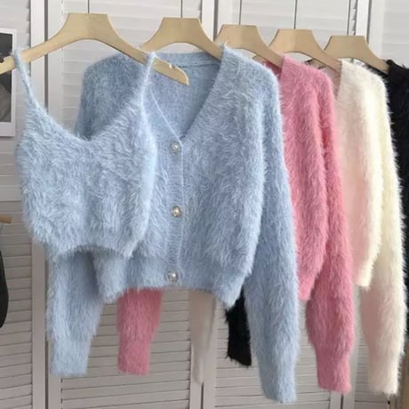 【Pink即納】モヘアファーカーディガン＆キャミアンサンブル/4色展開/ワンサイズ/2023AW
