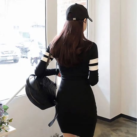 【即納】ショルダーダブルラインジッパータイトワンピース/S～XL/2019AW