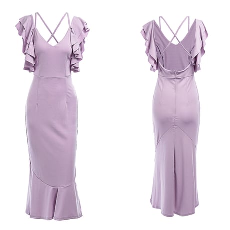 バックセクシーショルダーフリルマーメードドレス/ワンピース/5色展開／S～XXL