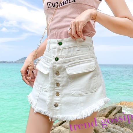 ダブルボタンカットオフクラッシュデニムスカパン/3色展開/S～XXXL/2020SS