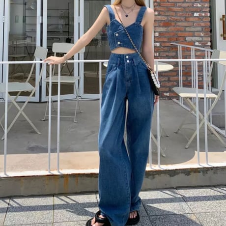 【M即納】デニムビスチェ＆ボーイフレンドワイドパンツセットアップ/S〜XL/2022SS