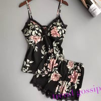 【BlackM即納】レース付きサテンフラワーキャミ&ショートパンツルームウェアセット/3色展開/S～XL/2020SS