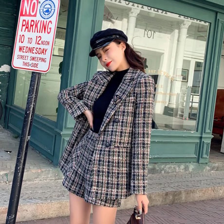 グリーンミックスツイードジャケット＆ショートパンツセットアップ/S〜XL/2022AW