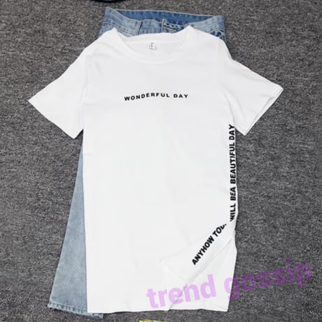 【Black XL、White L即納☆送料無料】wonderfuldayロゴスリットTシャツワンピース/2色展開/M～XXL