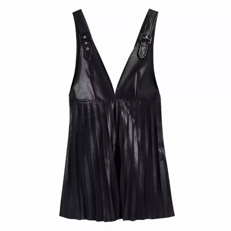 ブラックレザープリーツハイウエストサロペット/XS〜L/2021AW