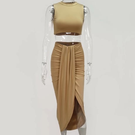 ハイネックトップス&フロントドレープスリットスカートセットアップ/6色展開/S〜XL/2021ss