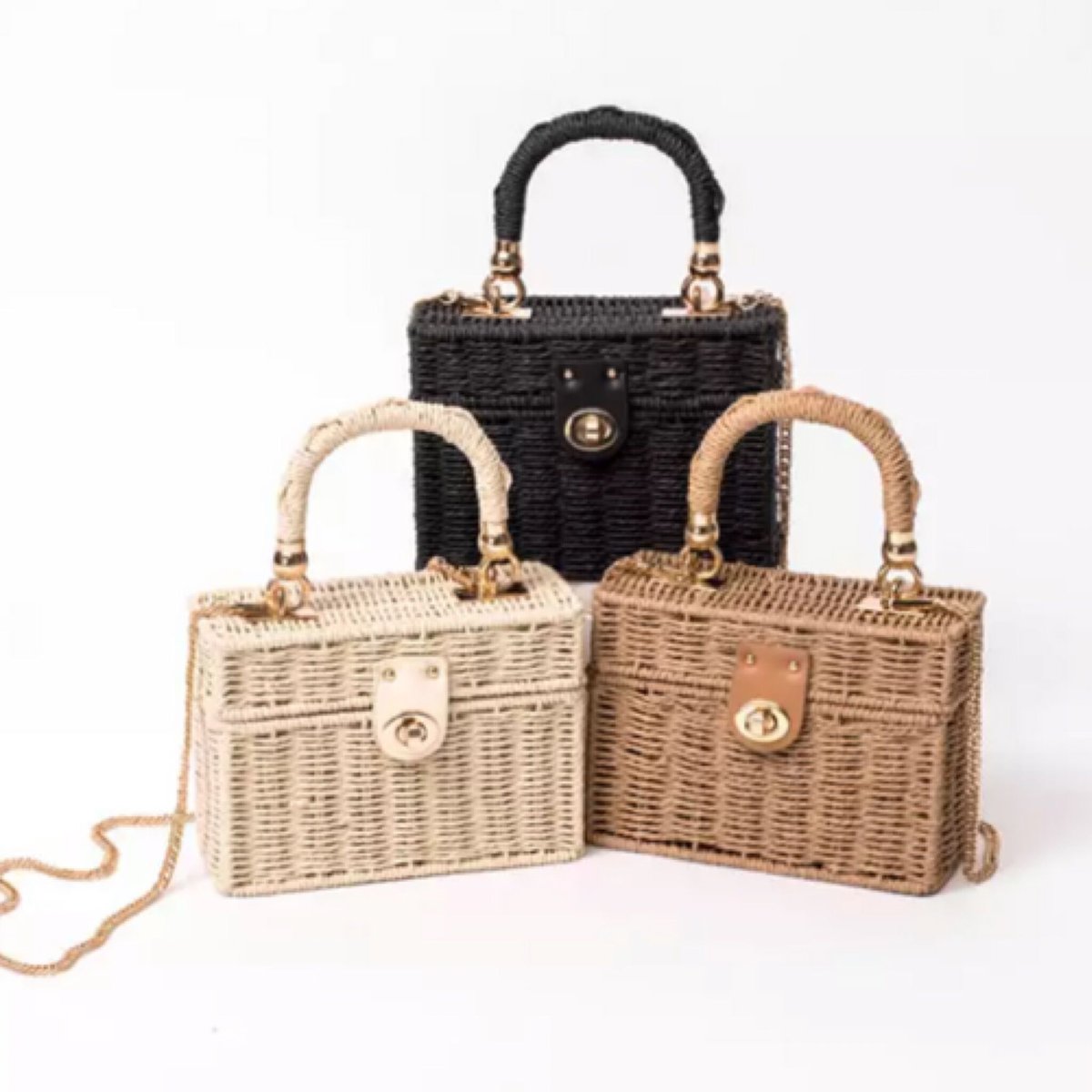 ラタンチェーンストラップ付きボックスカゴバッグ/鞄/3色展開