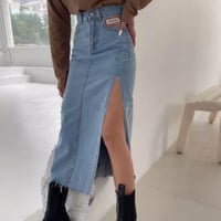 ハイウエストディープスリットカットオフデニムスカート/2色展開/S〜XL/2021SS