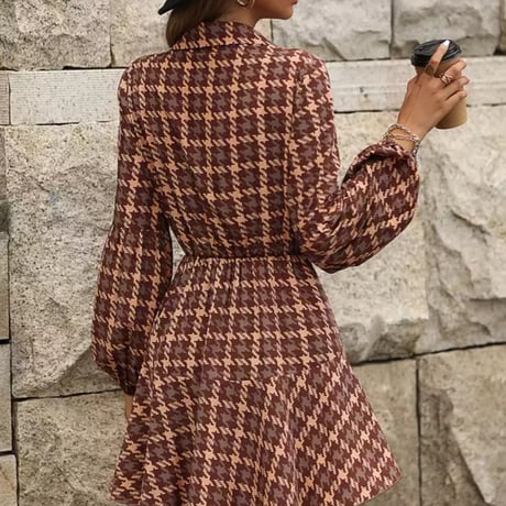 ブラウン千鳥柄ウエスト切り替えシャツワンピース/S〜XL/2022AW