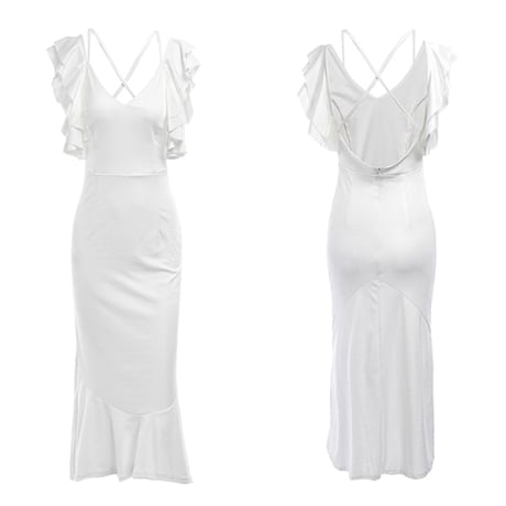 バックセクシーショルダーフリルマーメードドレス/ワンピース/5色展開／S～XXL