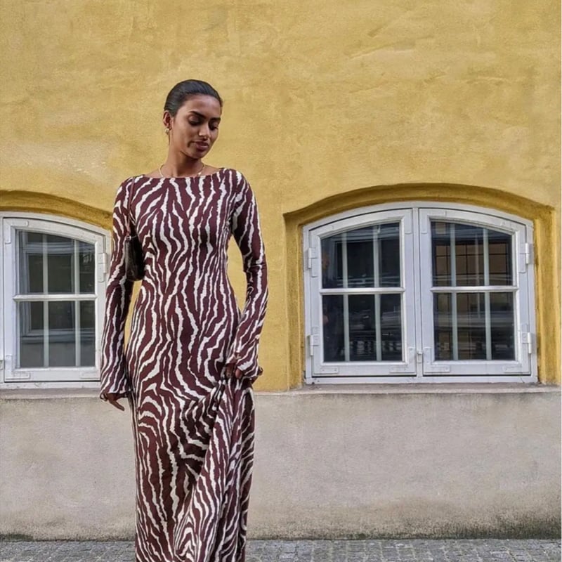ブラウンゼブラ柄シアーマキシワンピース/S.M.L/2023SS | trendgossip