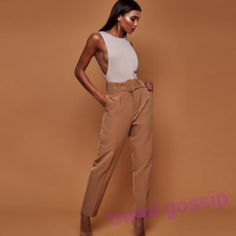 【Beige S即納】ベルト付きハイウエストスラックステーパードパンツ/4色展開/S～XL