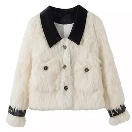 レザーパッチワークホワイトギャザーファージャケット/S〜XXL/2022AW