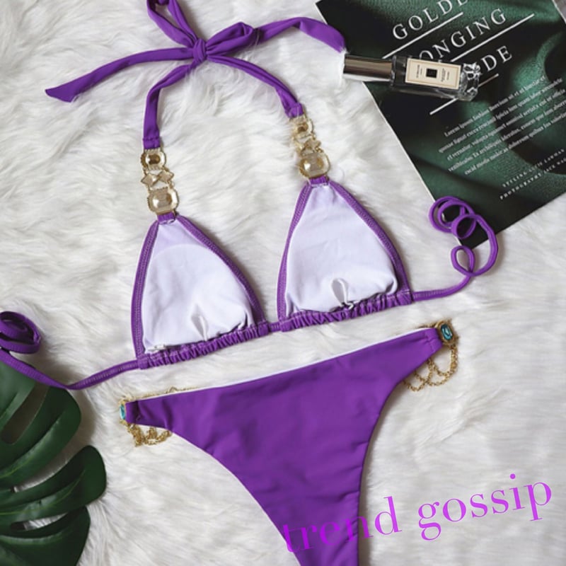 Black 即納】ゴージャスストーン&チェーンセクシービキニ/水着/7色展開