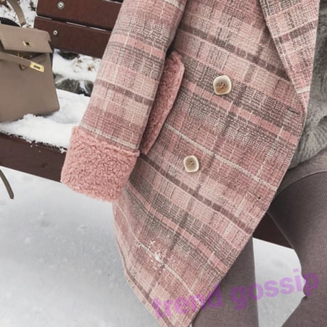 プードルファーピンクチェックウールコート/S.M.L/2019AW