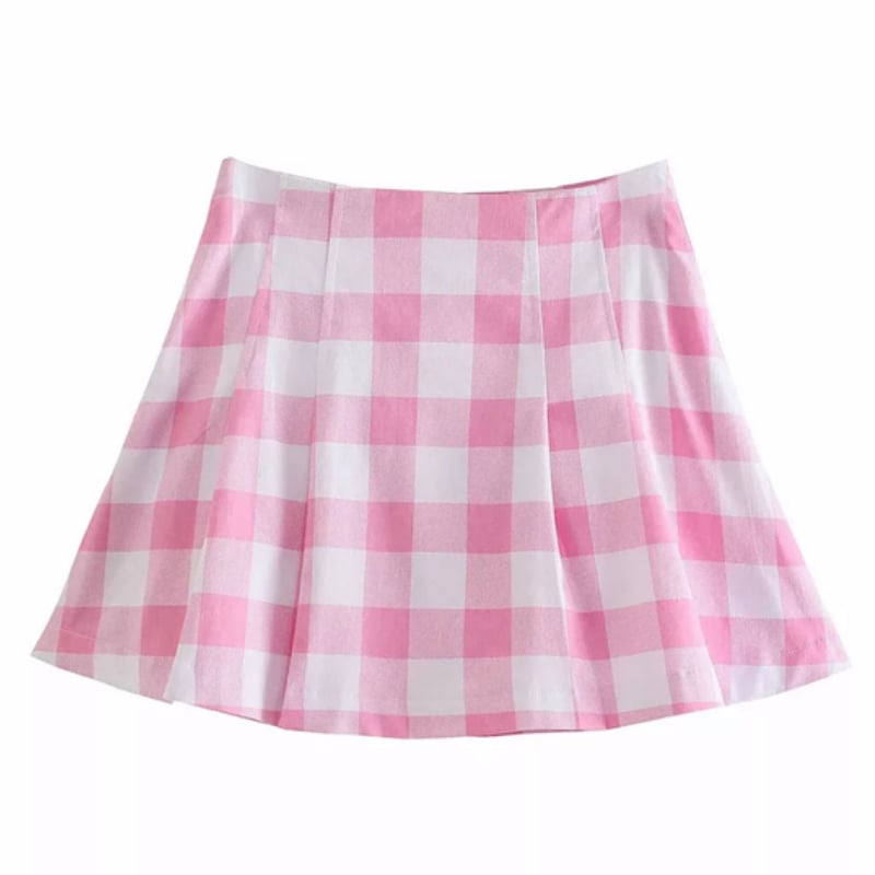 ピンクチェックジャケット＆プリーツスカートセットアップ