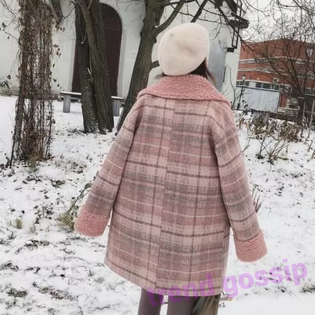 プードルファーピンクチェックウールコート/S.M.L/2019AW
