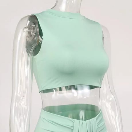 ハイネックトップス&フロントドレープスリットスカートセットアップ/6色展開/S〜XL/2021ss