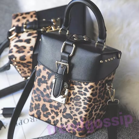 Black×Leopard 2WAY Boxショルダーバッグ/ハンドバッグ/豹柄