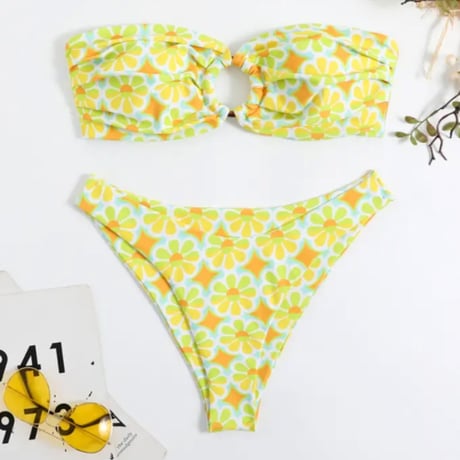 【送料無料】4タイプフラワーリングバンドゥビキニ/水着/4色展開/S.M.L/2023SS