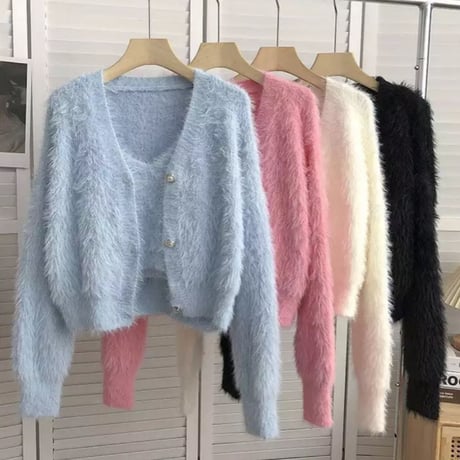【Pink即納】モヘアファーカーディガン＆キャミアンサンブル/4色展開/ワンサイズ/2023AW