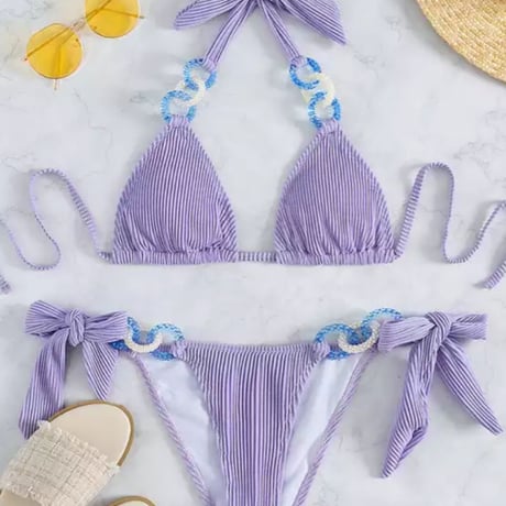 【送料無料】アクリルチェーンパープルリブビキニ/水着/ S.M. L/2022SS