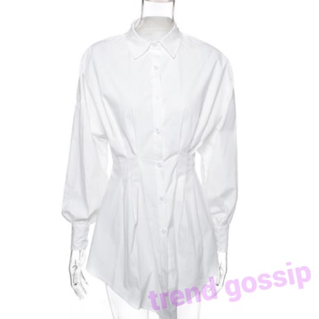 【White即納】ウエストプリーツシャーリングシャツワンピース/2色展開/S～XL