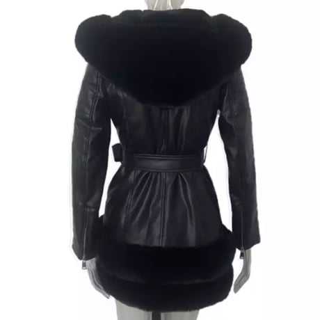 フェイクファーフード付きレザーライダースコート/3色展開/S.M.L/2021AW
