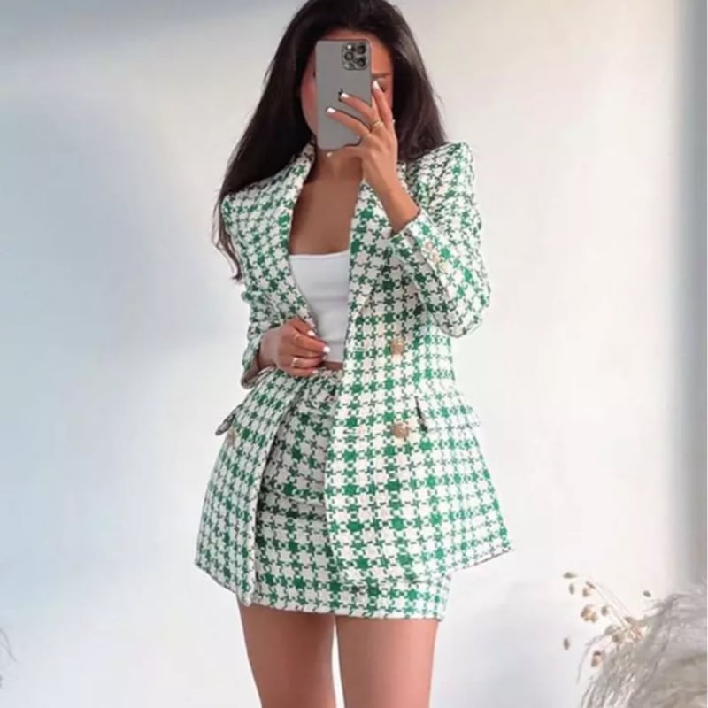 グリーン×ホワイトツイードジャケット/セットアップ/XS〜L/2022SS