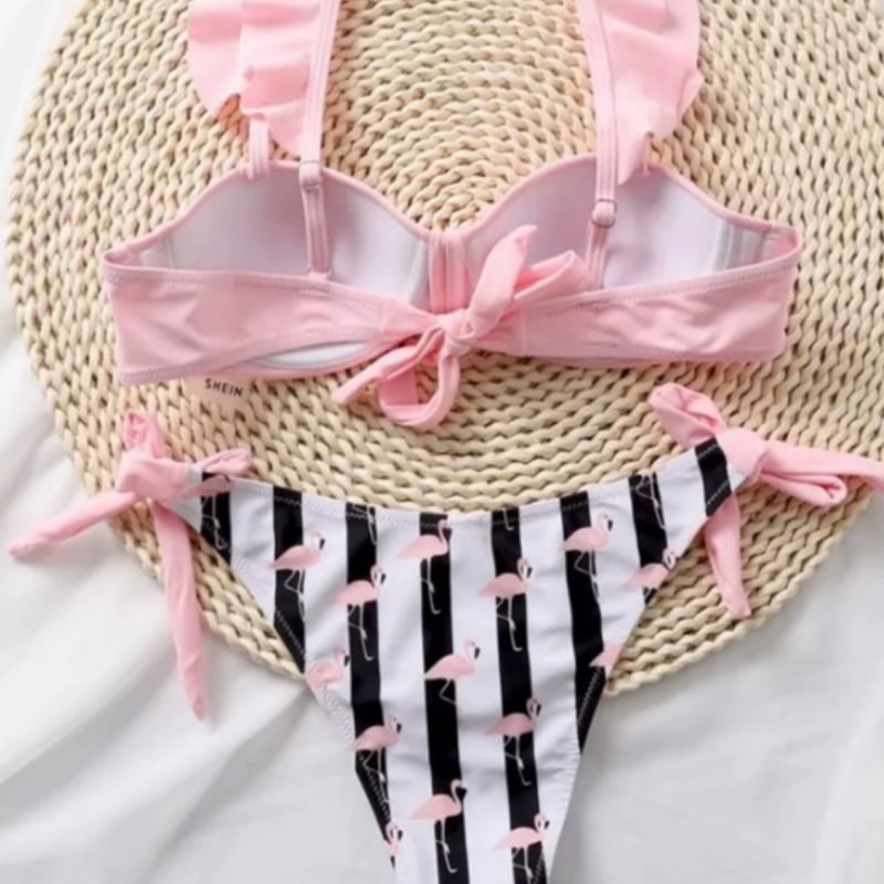 フラミンゴ柄ストライプボトムリボンフリルビキニ/水着/3色展開/S〜XL