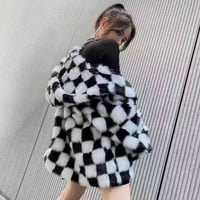 フード付きブラックチェックファーコート/S〜 XL/2022AW