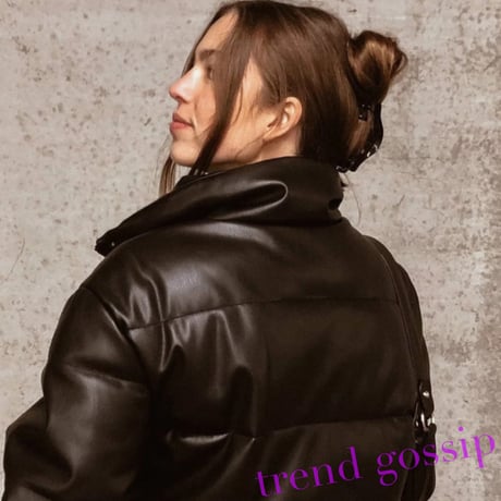 ブラックフェイクレザー中綿ダウンジャケット/アウター/XS～L/2020AW