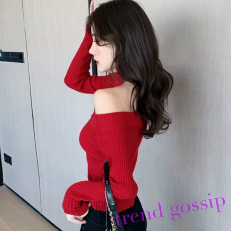 【即納】2WAYチョーカーVネックオフショルリブニット/4色展開/2021SS