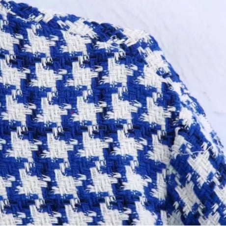 フラワーラインストーンボタンブルーチェックツイードジャケット/XS〜L/2022SS