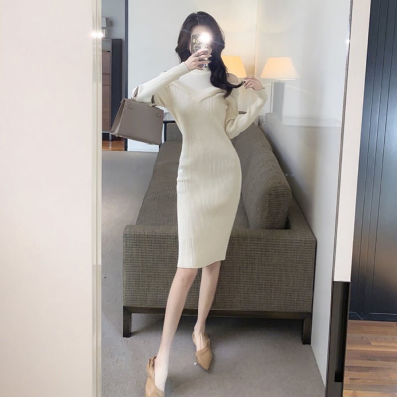 ハイネックオフショルタイトリブニットワンピース/2色展開/S.M.L