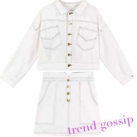 【White M即納】ステッチ入りデニムジャケット＆ハイウエストスカートセットアップ/2色展開/S～XL/2020AW