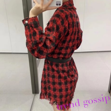 ベルト付きレッドチェックツイードフリンジワンピース/S～ XL/2020AW