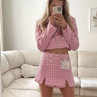 ペルーカラー千鳥柄チェックツイードジャケットセットアップ/2色展開/XS〜L/2022AW