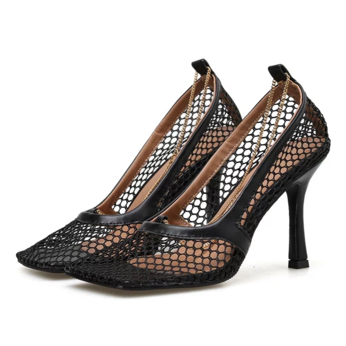 チェーン付きスクエアメッシュサンダル/2色展開/ヒール7cm.9cm