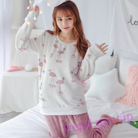 フラミンゴピンクボトムベロアパジャマ/ルームウェア/M.L.XL/2020AW