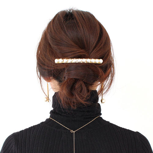 パール & メタル ロング & スキニー バレッタ (ゴールド) | STEP-HAIR