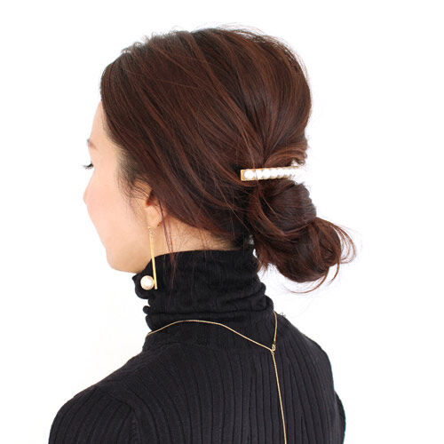 パール & メタル ロング & スキニー バレッタ (ゴールド) | STEP-HAIR
