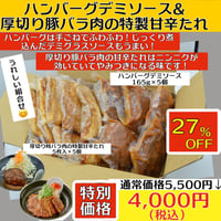 ハンバーグデミソース＆厚切り豚バラ肉の特製甘辛たれ（冷凍）送料別　2〜3営業日に発送予定(土日祝除く)