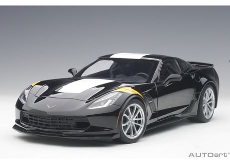 AUTOart 1/18　シボレー コルベット (C7) グランスポーツ (ブラック／ホワイト・ストライプ) ※イエロー・ハッシュマーク　71273