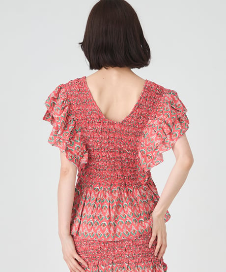 SMOCKING ETHNIC PRINT BLOUSE