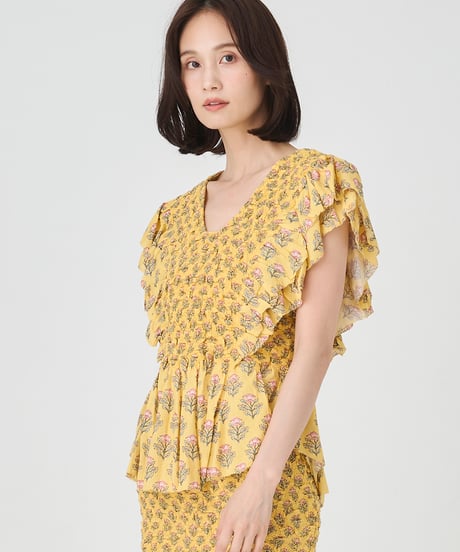 SMOCKING ETHNIC PRINT BLOUSE