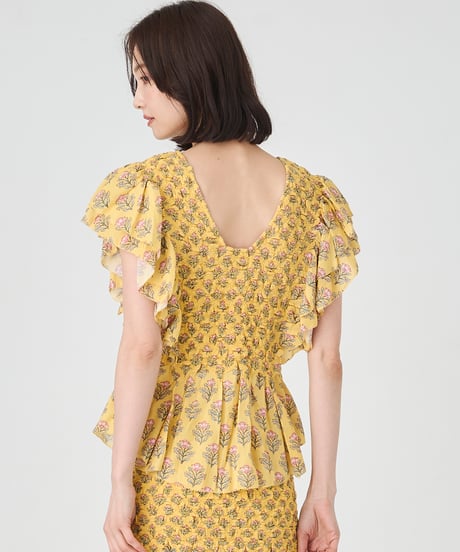 SMOCKING ETHNIC PRINT BLOUSE