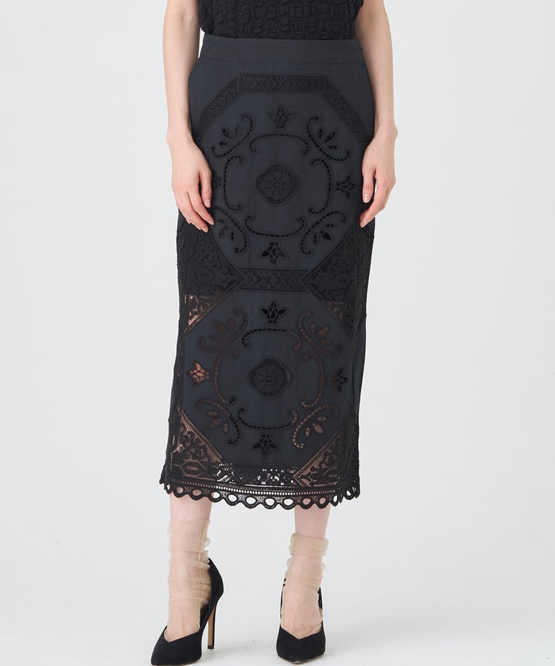 COTTON/ LINEN CUTWORK LACE EMBROIDERY SKIRT | v
